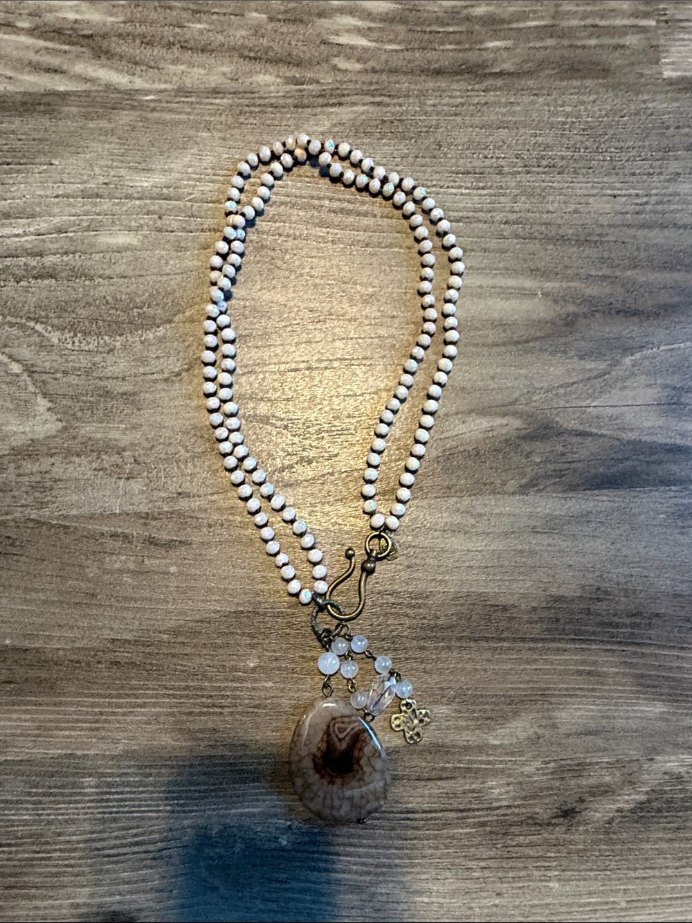 White Beaded Agate Pendant Necklace with Gold Accents